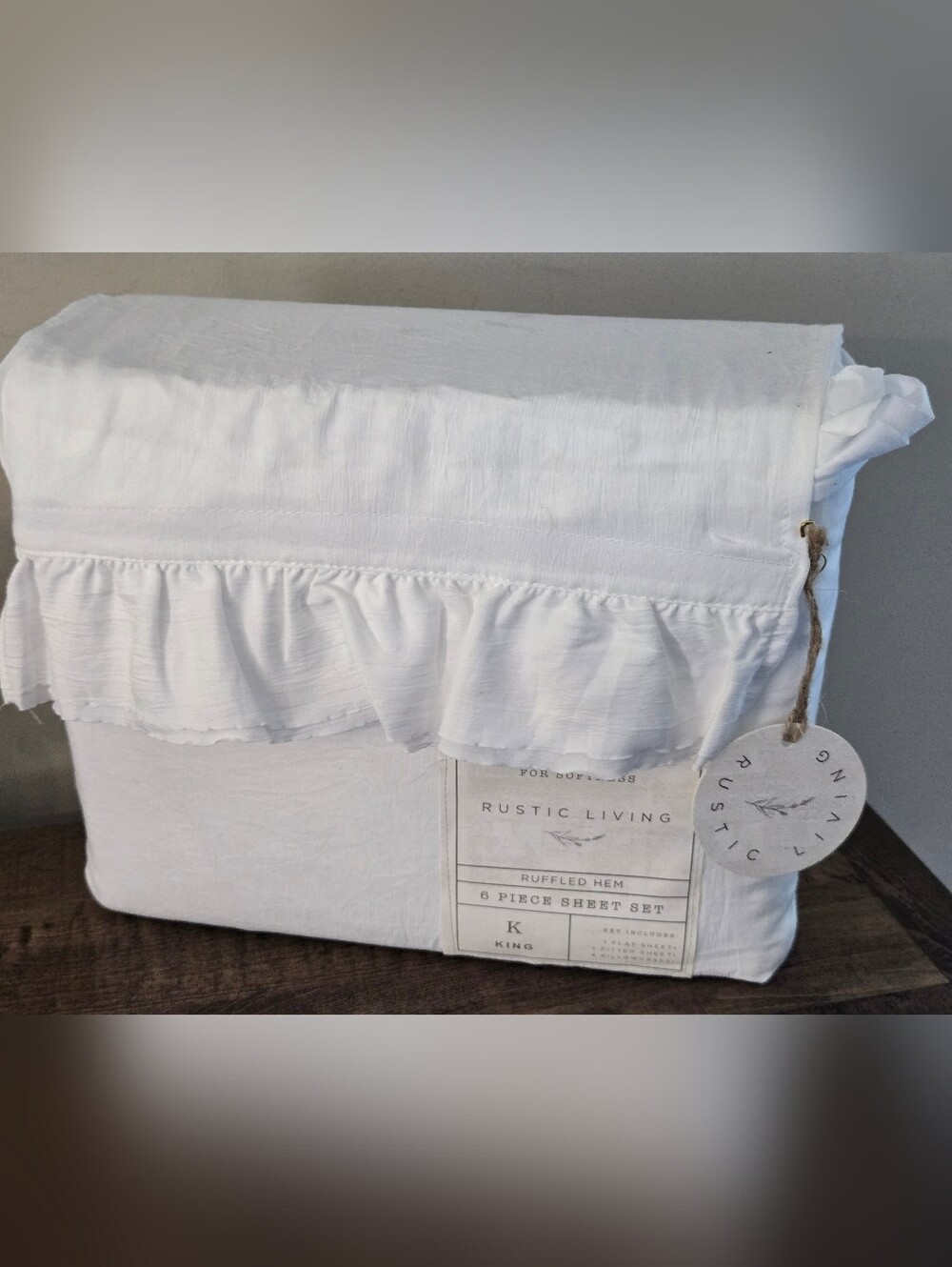 Rustic Living Ruffled Hem King 6 Piece Sheet Set White Carrying Bag Is Dirty